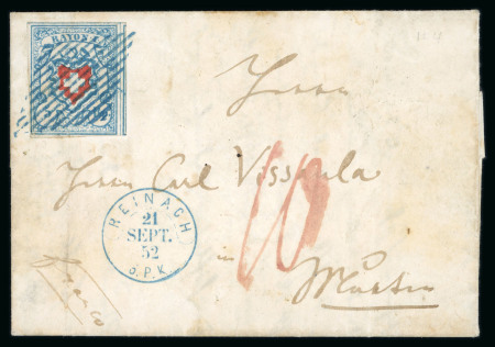 Stamp of Switzerland / Schweiz » Rayonmarken » Rayon I, hellblau, ohne KE (STEIN U) 1852, Rayon I hellblau, Type 10 des Steins U-RU, auf Faltbrief
