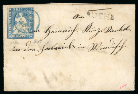 Stamp of Switzerland / Schweiz » Sitzende Helvetia Ungezähnt » Münchner Druck, 1. Auflage 1855, 10 Rp. blau, 1. Münchner Druckperiode, auf Faltbrief