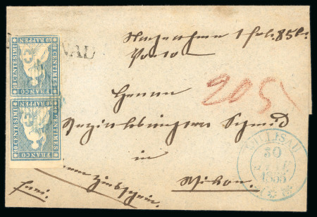 Stamp of Switzerland / Schweiz » Sitzende Helvetia Ungezähnt » Münchner Druck, 3. Auflage 1855, 10 Rp. blau, 3. Münchner Druckperiode, im senkrechten Paar