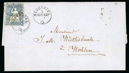 Stamp of Switzerland / Schweiz » Sitzende Helvetia Ungezähnt » 1857-62 Berner Druck, Dickes Papier 1862, 10 Rp. blau, 4. Berner Druckperiode, auf Faltbrief