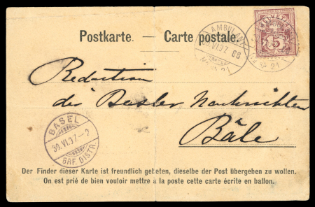 Stamp of Switzerland / Schweiz » Flugpost » Flugpostvorläufer 1897.06.14 Ballon ”Urania”, Pilot Kapitän Spelterini,  Postkarte frankiert und signiert