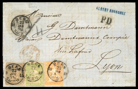 Stamp of Switzerland / Schweiz » Sitzende Helvetia Ungezähnt » 1856-57 Berner Druck (II) 1859, 1 Fr. grau mit mit 40 Rp. grün und 20 Rp. orange, Dreifarbenfrankatur
