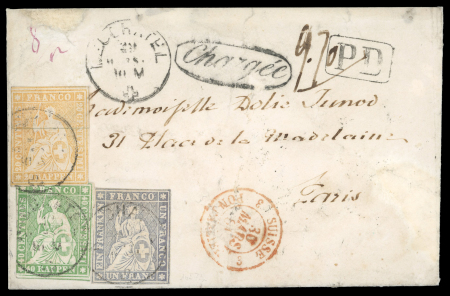 Stamp of Switzerland / Schweiz » Sitzende Helvetia Ungezähnt » 1856-57 Berner Druck (II) 1861, 1 Fr. grau mit 20 Rp. und 40 Rp., Chargée Brief nach Frankreich