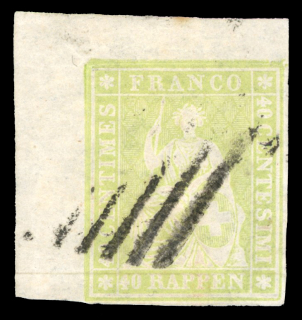 Stamp of Switzerland / Schweiz » Sitzende Helvetia Ungezähnt » Münchner Druck, 1. Auflage 1854, 40 Rp. grün, 1. Münchner Druckperiode, mit breiter Bogenecke