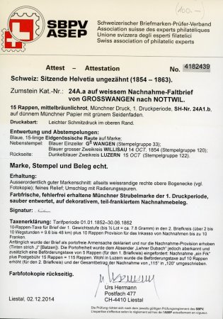 1854, 15 Rp. rot, 1. Münchner Druckperiode, Luxusstück auf Brief
