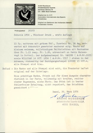 1854, 15 Rp. rot, 1. Münchner Druckperiode, Luxusstück auf Brief