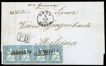 Stamp of Switzerland / Schweiz » Sitzende Helvetia Ungezähnt » 1857-62 Berner Druck, Dickes Papier 1862, 10 Rp. blau, 4. Berner Druckperiode, im waagerechten Viererstreifen