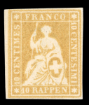 Stamp of Switzerland / Schweiz » Sitzende Helvetia Ungezähnt » Probedruck - Farbproben 1854, 10 Rp. orangegelb, 2. Berner Farbenprobe, Prachtstück