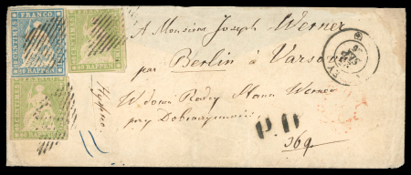 Stamp of Switzerland / Schweiz » Sitzende Helvetia Ungezähnt » 1856-57 Berner Druck (III) 1856, 40 Rp. grün, 2 Einzelmarken, mit 10 Rp. blau auf Brief nach Polen