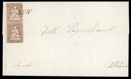 Stamp of Switzerland / Schweiz » Sitzende Helvetia Ungezähnt » 1856-57 Berner Druck (III) 1860, 5 Rp. braun  im senkrechten Paar, nur eine Marke entwertet