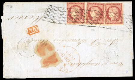 Stamp of France » Type Cérès de 1849-1850 1849 Cérès 1F carmin x3, obl. grille sans fin sur pli de Paris 31.10.1851 pour le Mexique