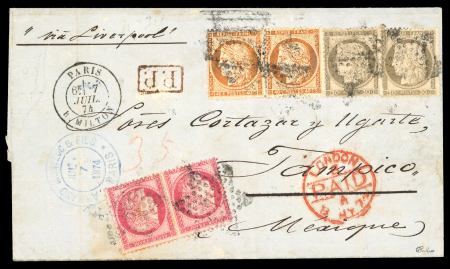 Stamp of France » Siège de Paris 1870 1874 Lettre pour Tampico, Mexique avec Cérès 80c en paire +30c x2 (pli d’archive sur un) +40c Siège en paire