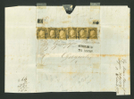 Stamp of Italian States » Sicily » 1 Grano, Plate I » Covers Sicily 1859 1 Gr. plate I, state II, olive brown (bruno olivastro), six examples (incl. position 89 with retouch) on entire from Mesaina to Girgenti