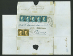 Stamp of Italian States » Sicily » 2 Grana, Plate III » Covers Sicily 1859 2Gr plate III azzurro verdastro strip of five and plate II bruno oliva pair registered cover from Barcellona
