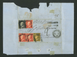 Stamp of Italian States » Sicily » 20 Grana » Covers 1859 (14.10) Folded letter sheet to Genova, franked 20 Gr. dark slate (ardesia scuro), 5 Gr. dark carmine (caminio scuro)(3) and 1 Gr. plate II, each with frame cancel, endorsed "postali francesi", Catania despatch and M