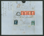 Stamp of Italian States » Sicily » 5 Grana, Plate I » Covers Sicily A unique unrecorded franking    1860 (2.1) Folded letter sheet from Messina to Genova, franked 10 Gr. dark blue (azzuro cupo), 5 Gr. horizontal strip of four, plate I, carmine (carminio) and bottom marginal 2 Gr. 