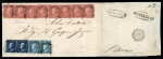 Stamp of Italian States » Sicily » 5 Grana, Plate I » Covers ** Sicily 1859 5 Gr. carmine rose (rosa carminio), two horizontal strips of four and pairs of 10 Gr. and 2 Gr., each stamp with fine frame cancel, third 5 Gr. in first strip with repair at top, mounted onto paper for bet