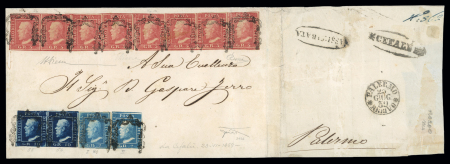 Stamp of Italian States » Sicily » 5 Grana, Plate I » Covers ** Sicily 1859 5 Gr. carmine rose (rosa carminio), two horizontal strips of four and pairs of 10 Gr. and 2 Gr., each stamp with fine frame cancel, third 5 Gr. in first strip with repair at top, mounted onto paper for bet