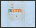 Stamp of Italian States » Sicily » 5 Grana, Plate I » Covers Sicily 1859 5Gr plate I, vermiglio four singles and 2Gr cover to Torino
