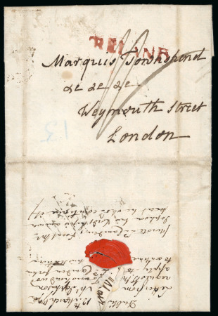 Stamp of Ireland » Pre-Stamp Postal History » Independant Post Office Period - 1784-1831 1786-1808 IRELAND straight-line mkgs: Eight covers mounted on album page, showing a range of different straight line IRELAND mkgs in black and red, mixed to fine (8).