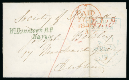 Stamp of Ireland » Postal History (Arranged alphabetically by County) Meath: 1765-1859 Attractive group of forty-one covers or part covers mounted on album pages, showing an array of postal markings including mileage mkgs in black NAVAN/23 and NAVAN/24 (8), NOBBER/33, OLDCASTLE/41, SLANE/3
