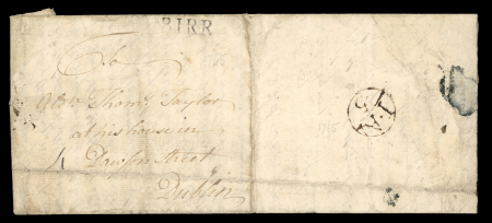 Stamp of Ireland » Postal History (Arranged alphabetically by County) Offaly: 1765-1859 Attractive group of sixty-three covers or part covers mounted on album pages, showing an array of postal markings including mileage mkgs in black ByBOY/59 in red, BANAGHER/77, CLOGHAN/60 (2), EDENDERRY/