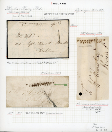 Stamp of Ireland » Postal History (Arranged alphabetically by County) Dublin - Penny Posts: 1812-1841 Selection of forty two covers, all mounted on album pages, showing an array of Penny Post markings including the scarce oval red ROYAL ARCADE/PENNY POST (3), 2-line FRANCIS ST/PENNY POST i