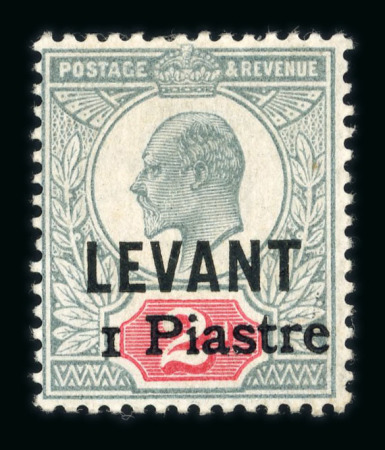 Stamp of British Levant  British Levant 1906 Beirut Provisional 1 Piastre on 2d grey-green and carmine fresh large part o.g.,