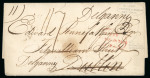 Stamp of Ireland » Pre-Stamp Postal History » Independant Post Office Period - 1784-1831 1825 (11.4) Folded cover sent from London to Dublin, and redirected to Delgany, Co. Wicklow, rerated from 1s to 1s/7d and showing clear strike of the scarce red oval T * OFF / POSTAGE to DUBLIN / NOT PAID handstamp, cvr 