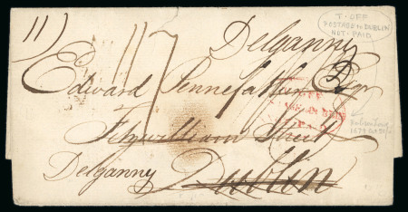Stamp of Ireland » Pre-Stamp Postal History » Independant Post Office Period - 1784-1831 1825 (11.4) Folded cover sent from London to Dublin, and redirected to Delgany, Co. Wicklow, rerated from 1s to 1s/7d and showing clear strike of the scarce red oval T * OFF / POSTAGE to DUBLIN / NOT PAID handstamp, cvr 