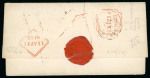 Stamp of Ireland » Pre-Stamp Postal History » Independant Post Office Period - 1784-1831 1825 (11.4) Folded cover sent from London to Dublin, and redirected to Delgany, Co. Wicklow, rerated from 1s to 1s/7d and showing clear strike of the scarce red oval T * OFF / POSTAGE to DUBLIN / NOT PAID handstamp, cvr 