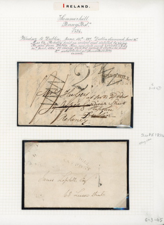 Stamp of Ireland » Postal History (Arranged alphabetically by County) Dublin - Penny Post: 1824 Two folded entires both showing the scarce curved SUMMER HILL/PENNY POST in black, one rated "1" and deleted with zig-zag hs due to distance and subsequently rated "2", a fine and scarce pair mo