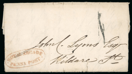 Stamp of Ireland » Pre-Stamp Postal History » Local Post Period - 1773-1840 1827 (17.7) Folded entire sent within Dublin to Kildate Street, showing large clear red oval ROYAL ARCADE/PENNY POST of the Dublin Penny Post and small "1" handstamp alongside, a scarce usage