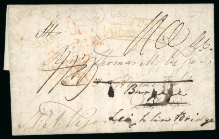 Stamp of Ireland » Pre-Stamp Postal History » Unified Post Period - 1827-1839 1835 (10.9) Folded entire from London to Dublin, redirected Leighs Bridge, bearing clear oval red POSTAGE/NOT PAID (DF No.214), very fine and scarce