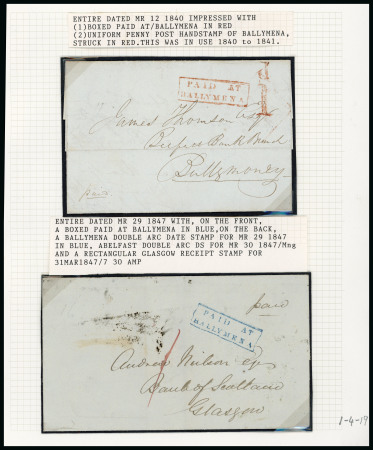 Stamp of Ireland » Postal History (Arranged alphabetically by County) Antrim - Ballymena: 1835-1847 Five folded entires, four showing attractive boxed PAID AT/BALLYMENA in red and blue, plus BALLYMENA/PENNY POST, a fine group (5)