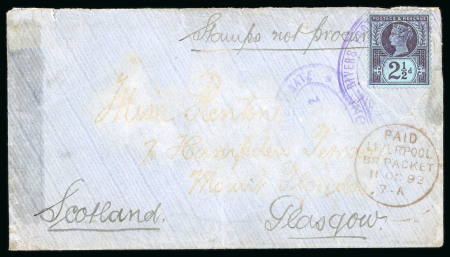 Stamp of Nigerias » Niger Coast Protectorate Bonny: 1892 (Aug 20) envelope to Scotland, marked "Stamps not procur(able)" but partially covered by a GB 1887 2 1/2d Jubilee tied by a partial strike of the Bonny handstamp