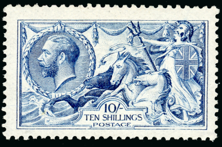 Stamp of Great Britain » King George V » 1913-19 Seahorse Issues 1915 DeLa Rue 10/- deep blue, very fresh mint with