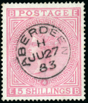 Stamp of Great Britain » 1855-1900 Surface Printed » 1867-83 High Values 1882 5/- rose, EB, Pl.4, (blued paper), a superb used