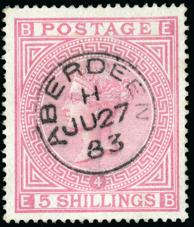 Stamp of Great Britain » 1855-1900 Surface Printed » 1867-83 High Values 1882 5/- rose, EB, Pl.4, (blued paper), a superb used