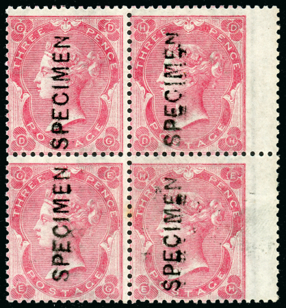 Stamp of Great Britain » 1855-1900 Surface Printed » 1862-64 Small Uncoloured Corner Letters 18613d. rose, DG-EH wing margined block of four, overprinted