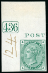 Stamp of Great Britain » 1855-1900 Surface Printed » 1873-80 Large Coloured Corner Letters 1874 1/- green, AA, Pl.10, imperforate imprimatur from