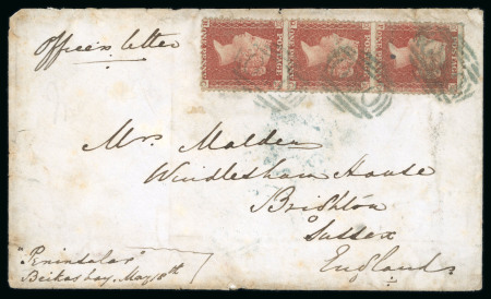Stamp of Great Britain » 1854-1900 Postal History of the Perforated Line Engraved and Surface Printed Issues 1856 cover from troopship S.S. Penninsular vertical strip 1d blue OXO cancels