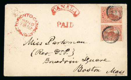 Stamp of Canada » Colony of Canada » Regular Uses of the Issued Stamps including Special Features of the Issued Stamps on Cover 1852–57 3d Brown-Red, Vertical Pair on Cover to USA