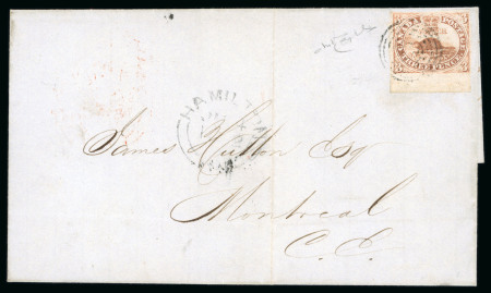 Stamp of Canada » Colony of Canada » Regular Uses of the Issued Stamps including Special Features of the Issued Stamps on Cover 3d. red on laid paper, bottom marginal tied by concentric