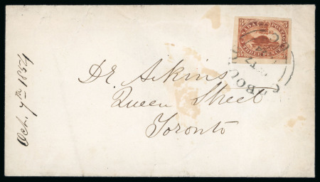 Stamp of Canada » Colony of Canada » Cancellations COBOURG: 1852–57 3d Brown-Red on Thin Wove Cover3d