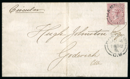 Stamp of Canada » Colony of Canada » Cancellations HAMILTON: 1852–57 ½d Deep Rose on Printed Circular½d