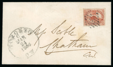 Stamp of Canada » Colony of Canada » Cancellations TORONTO GRID: 1851 3d Red on Ribbed Paper Cover3d red