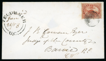 Stamp of Canada » Colony of Canada » Cancellations Concentric Circles: 1852–57 3d Red on Ribbed Paper