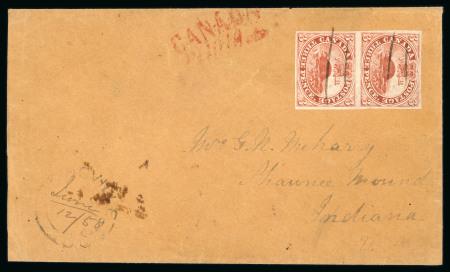 Stamp of Canada » Colony of Canada » Cancellations Ink Strokes: 1852–57 3d Deep Red Vertical Pair on Cover