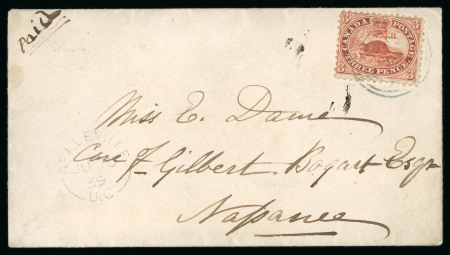Stamp of Canada » Colony of Canada » Domestic Mail 3d. red. tied by blue «2» numeral on cover with blue